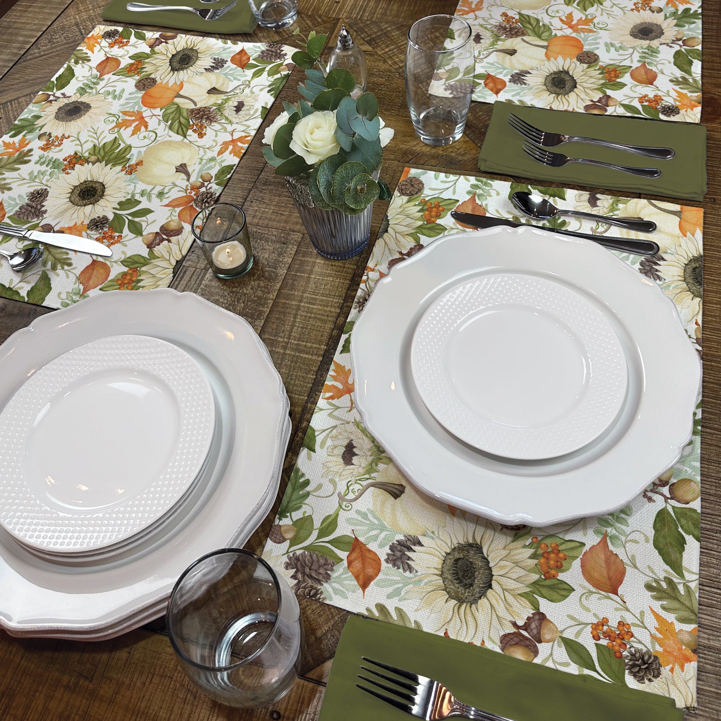 Highland Home Farmhouse Fall 4 Pack Poly-Cotton Blend Fabric Placemats 18" x 12" Manufactured in The USA