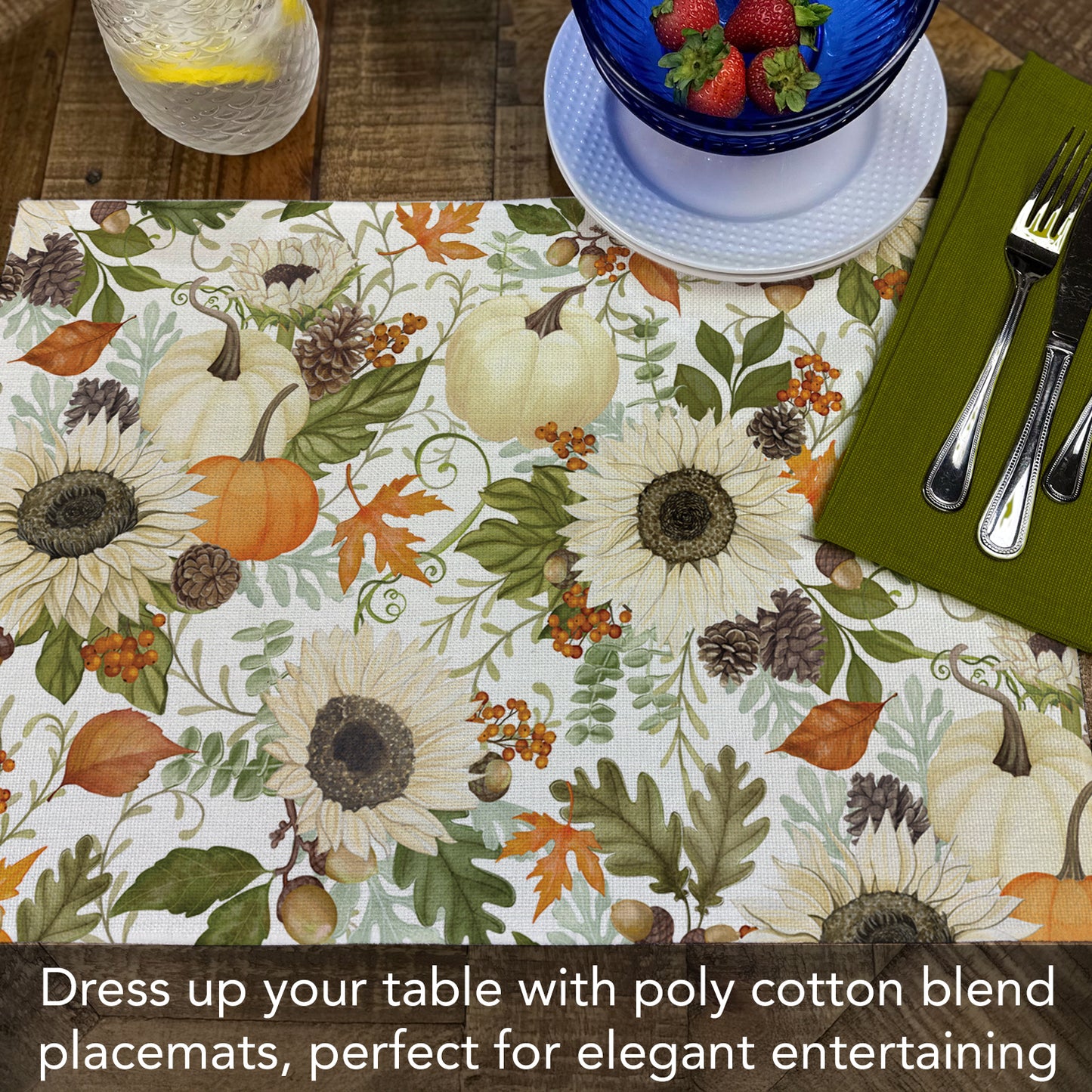Highland Home Farmhouse Fall 4 Pack Poly-Cotton Blend Fabric Placemats 18" x 12" Manufactured in The USA