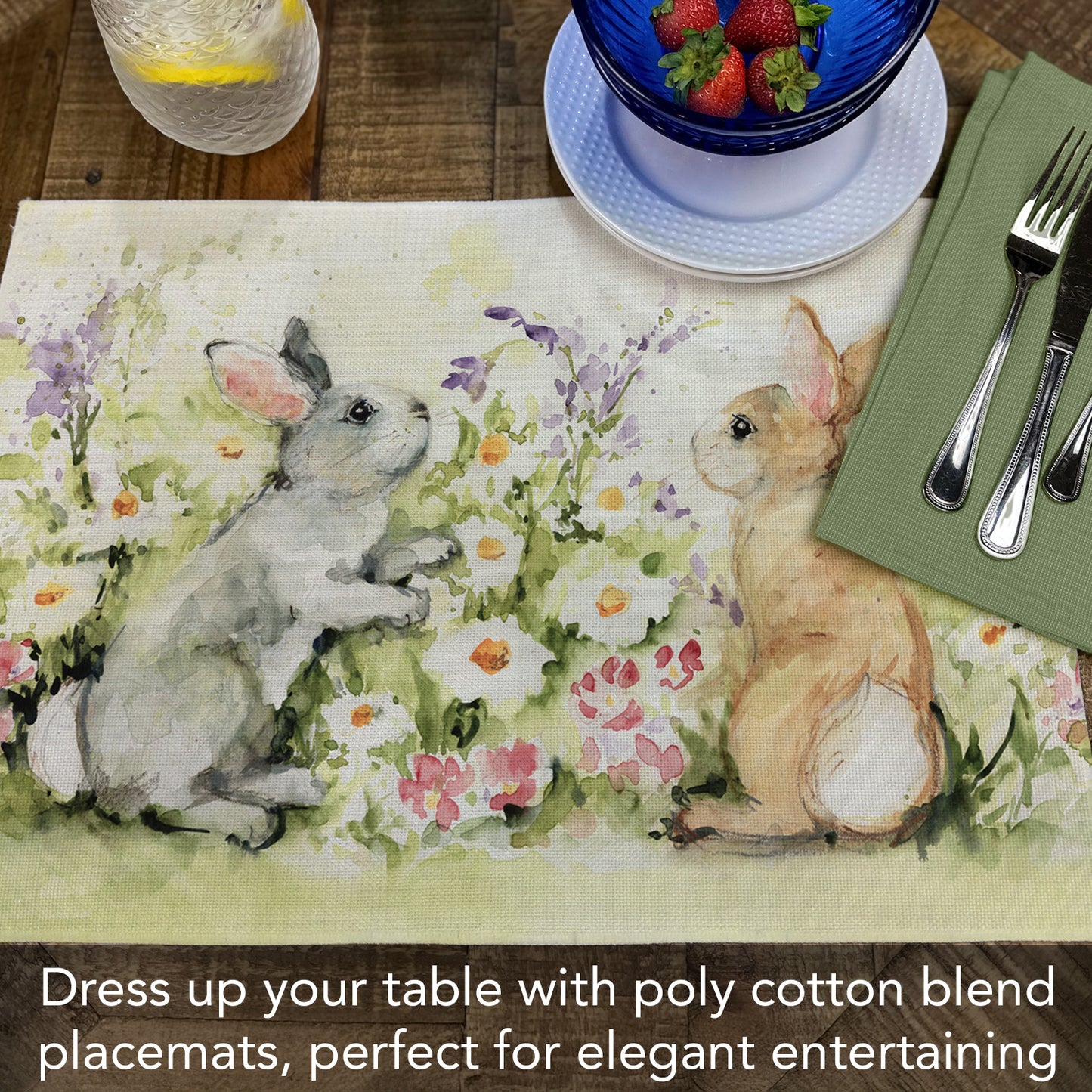 Highland Home Bunny Garden 4 Pack Poly-Cotton Blend Fabric Placemats 18" x 12" Manufactured in The USA