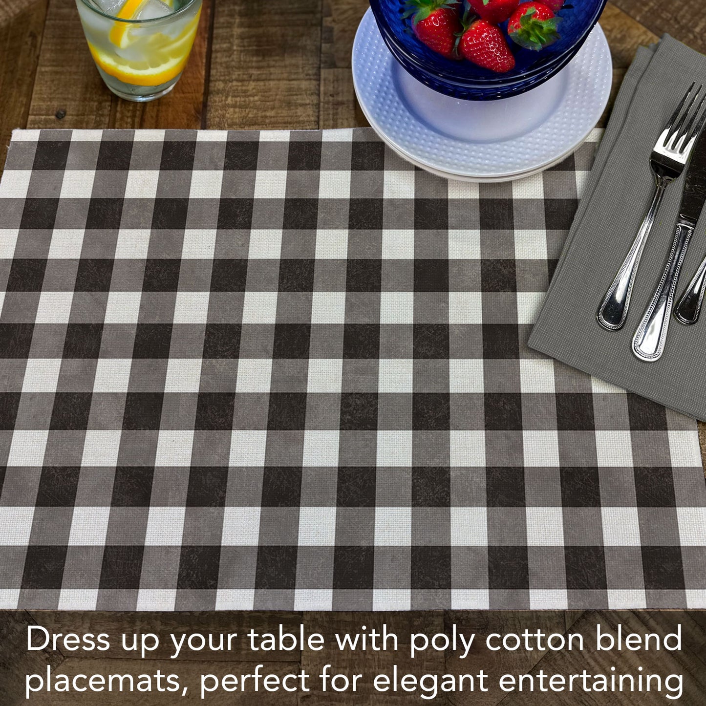 Highland Home Farmhouse Check 4 Pack Poly-Cotton Blend Fabric Placemats 18" x 12" Manufactured in The USA