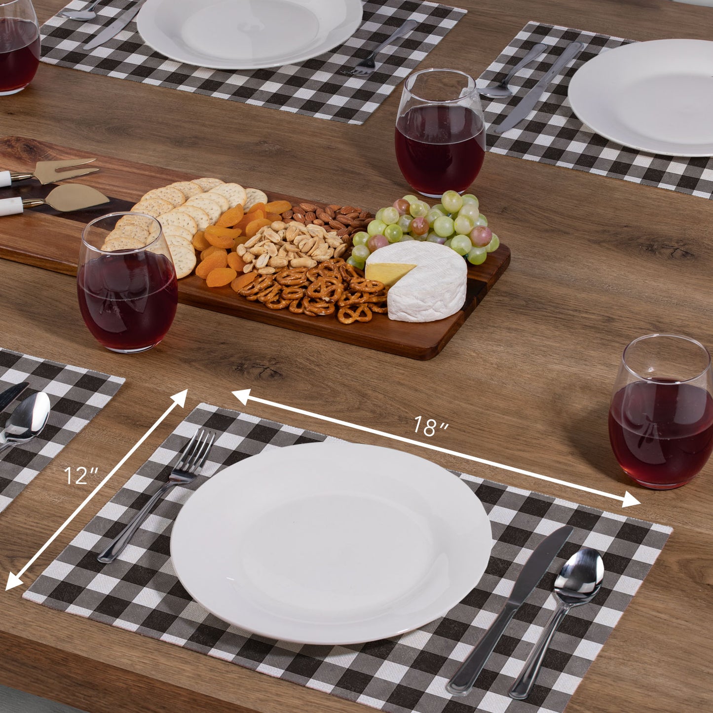 Highland Home Farmhouse Check 4 Pack Poly-Cotton Blend Fabric Placemats 18" x 12" Manufactured in The USA