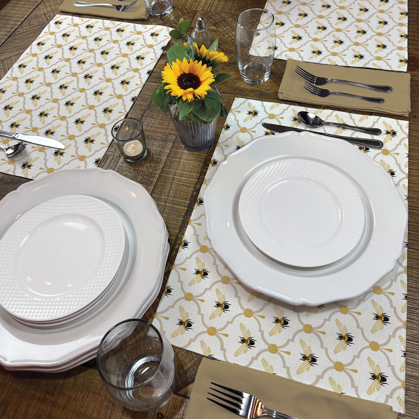 Highland Home All The Bees 4 Pack Poly-Cotton Blend Fabric Placemats 18" x 12" Manufactured in The USA