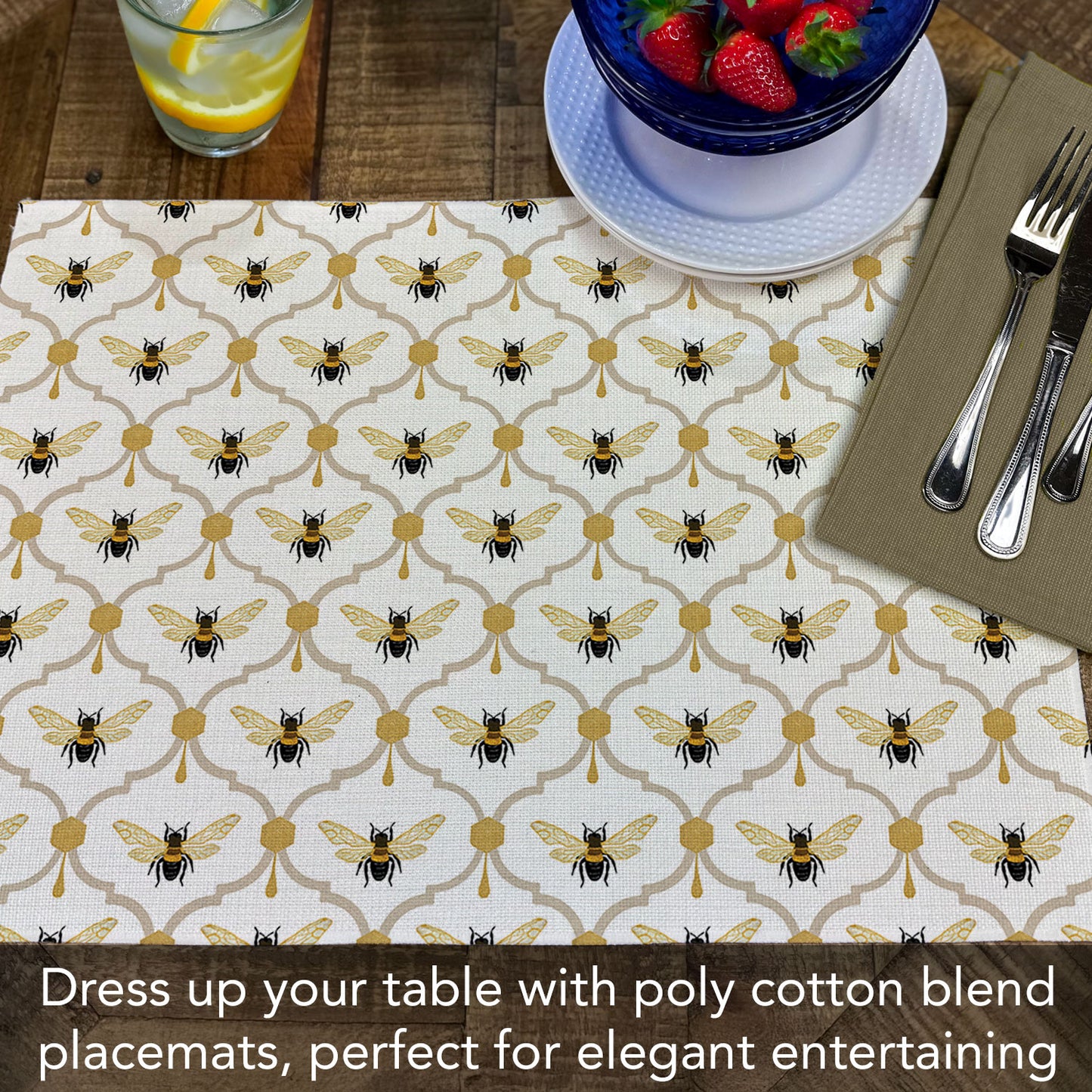 Highland Home All The Bees 4 Pack Poly-Cotton Blend Fabric Placemats 18" x 12" Manufactured in The USA