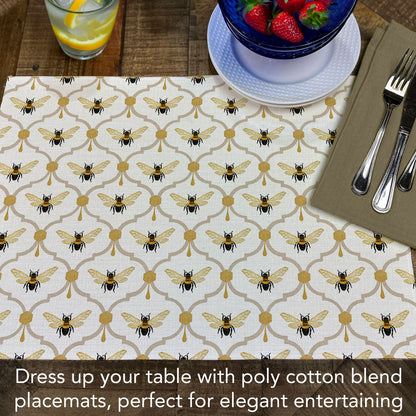 Highland Home All The Bees 4 Pack Poly-Cotton Blend Fabric Placemats 18" x 12" Manufactured in The USA