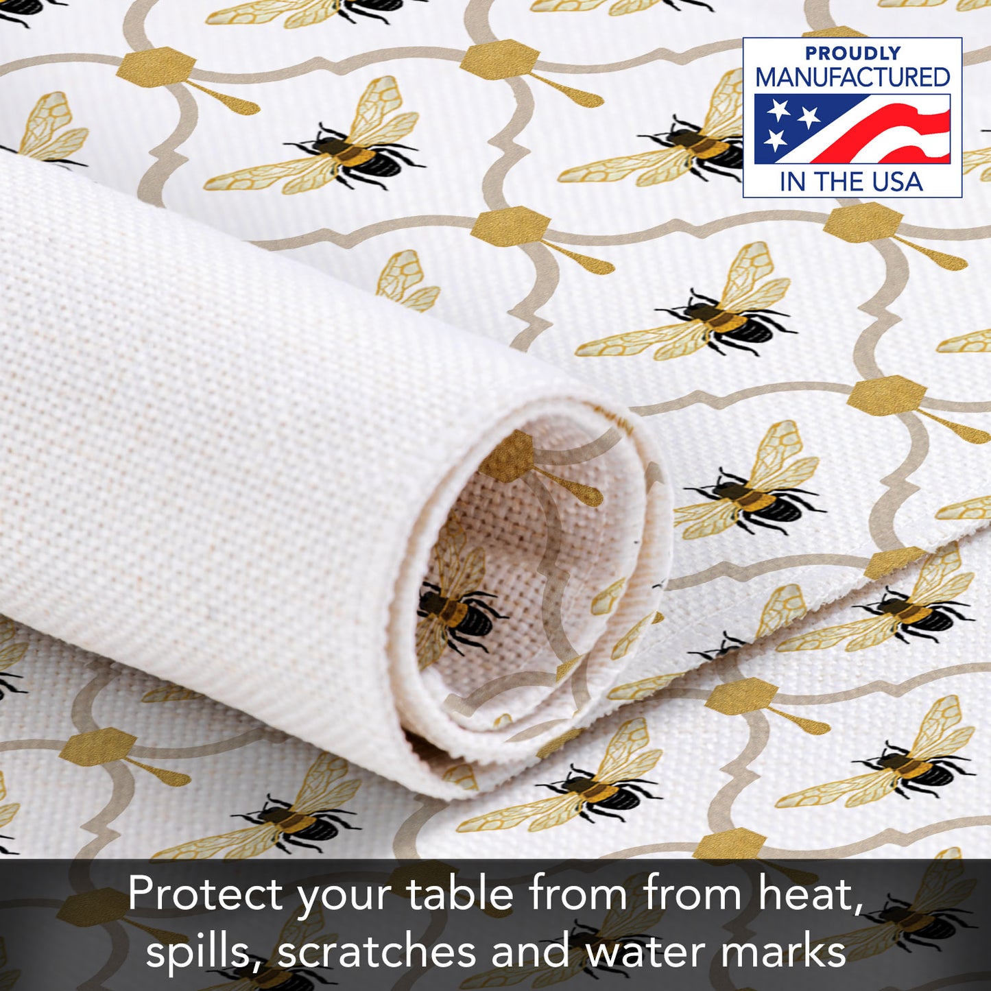 Highland Home All The Bees 4 Pack Poly-Cotton Blend Fabric Placemats 18" x 12" Manufactured in The USA