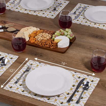 Highland Home All The Bees 4 Pack Poly-Cotton Blend Fabric Placemats 18" x 12" Manufactured in The USA