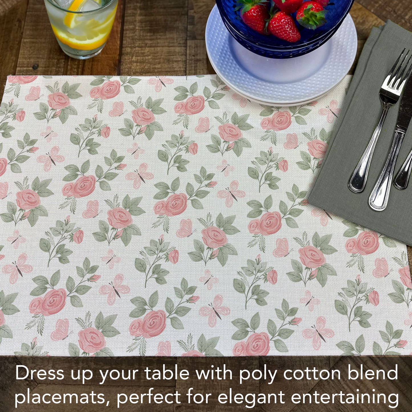 Highland Home Pretty Coquette 4 Pack Poly-Cotton Blend Fabric Placemats 18" x 12" Manufactured in The USA