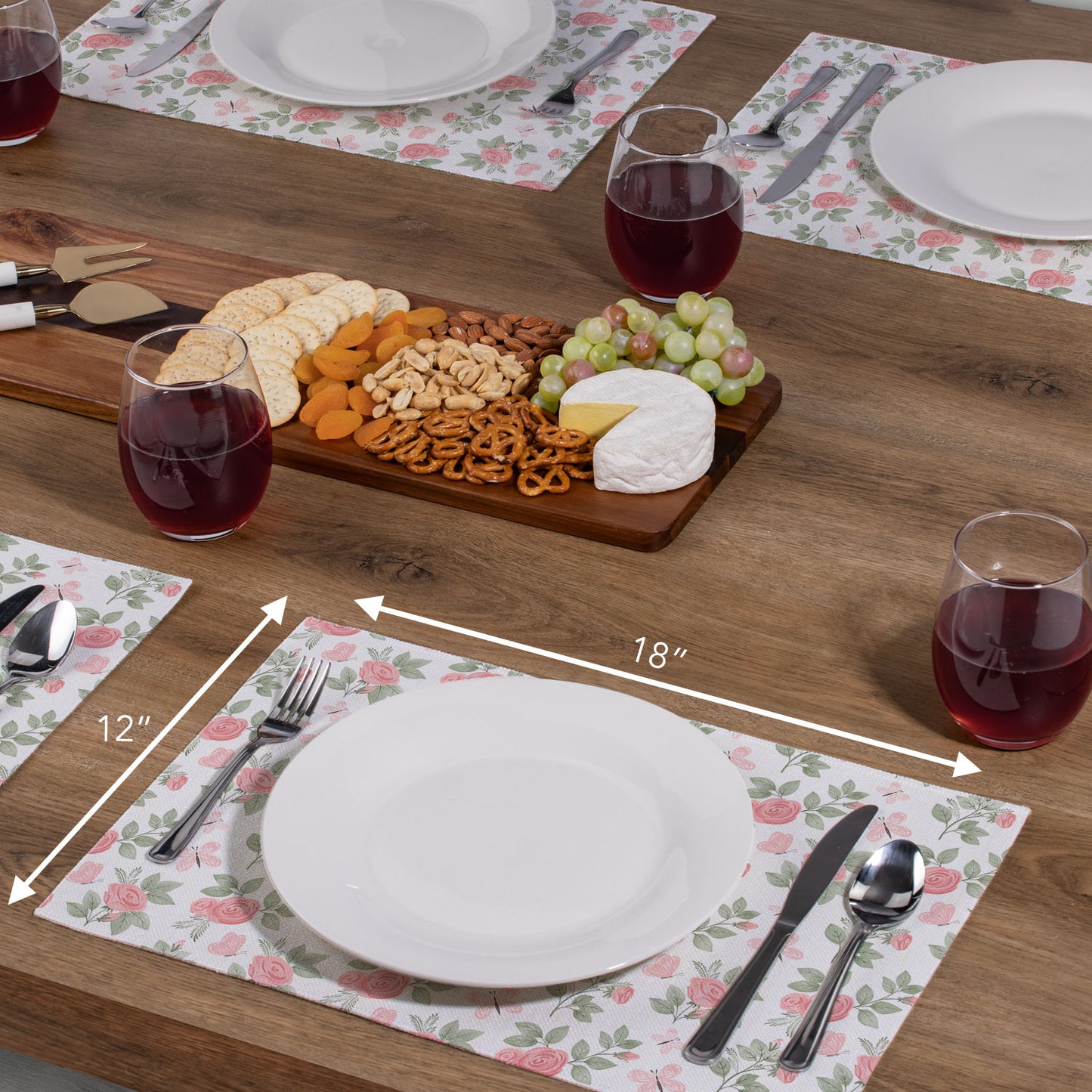 Highland Home Pretty Coquette 4 Pack Poly-Cotton Blend Fabric Placemats 18" x 12" Manufactured in The USA