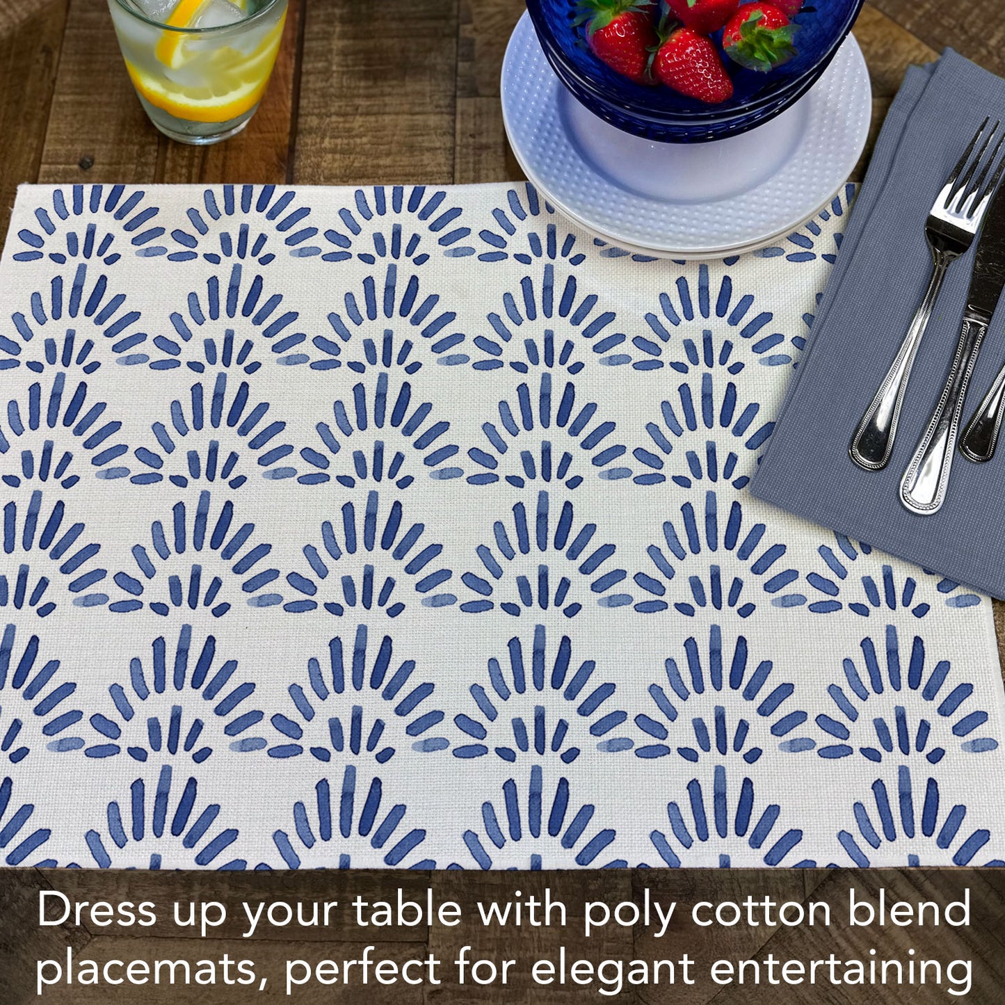 Highland Home Blue Burst 4 Pack Poly-Cotton Blend Fabric Placemats 18" x 12" Manufactured in The USA