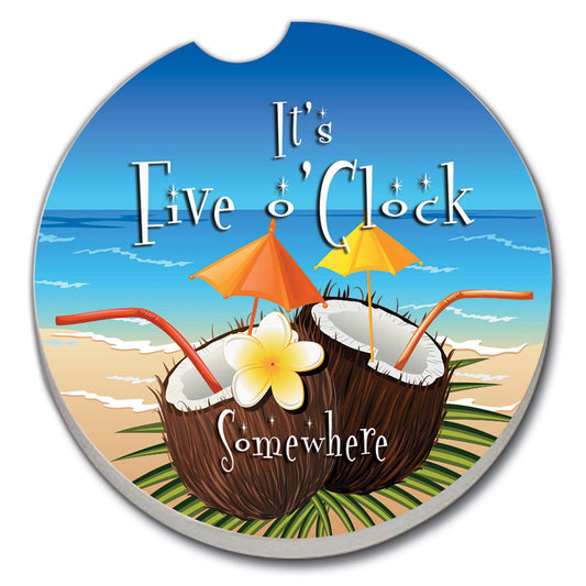 CounterArt Five O'Clock Coconut Single Absorbnent Stone Coaster for Vehicle Cup Holder 2.6” Diameter Manufactured in The USA