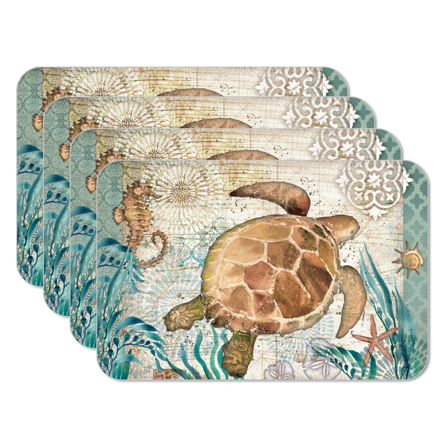 CounterArt Monterey Bay Turtle 4 Pack Reversible Easy Care Flexible Placemats Made in the USA