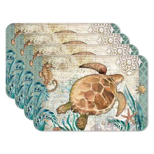 CounterArt Monterey Bay Turtle 4 Pack Reversible Easy Care Flexible Placemats Made in the USA