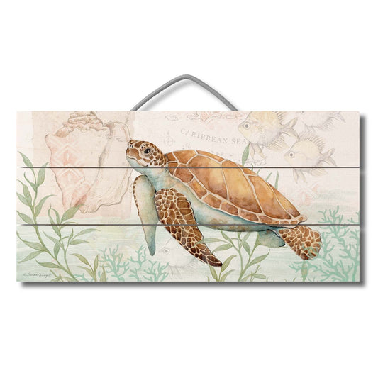 Highland Home Sea Turtle Decorative Pallet Wood Sign 12" x 6" Made in the USA Wire Hanger Included that Doubles as an Easel