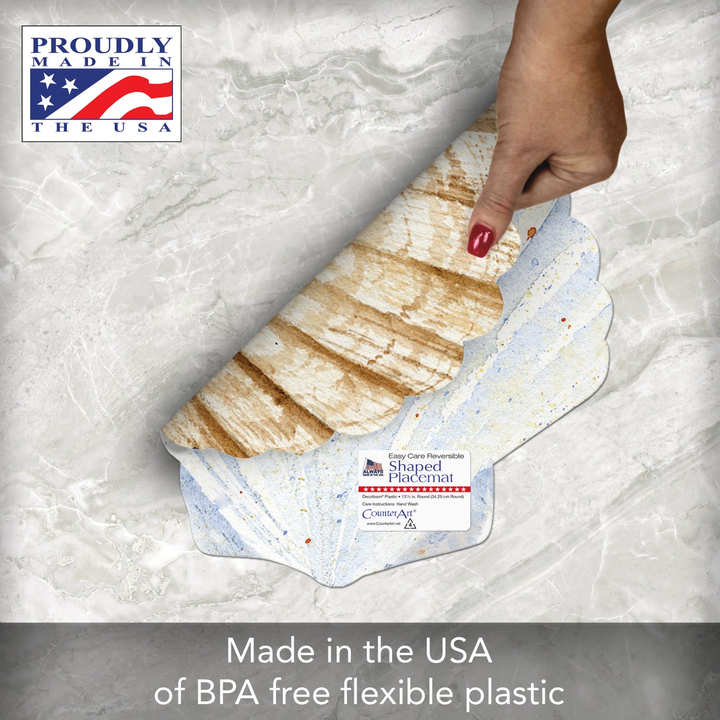 CounterArt 4 Pack Seashell Shaped Reversible Easy Care Placemats Made in the USA