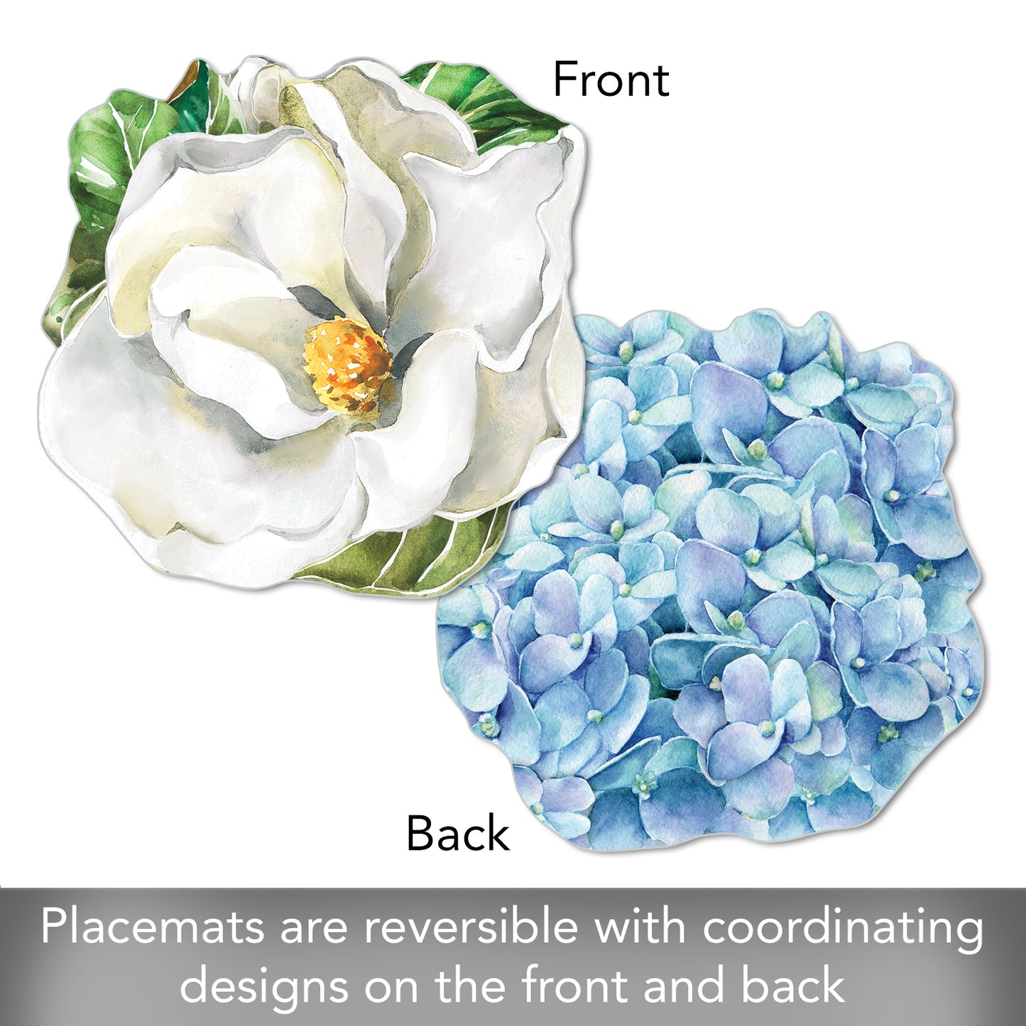 CounterArt 4 Pack Magnolia/Hydrangea Reversible Shaped Easy Care Placemats Made in the USA