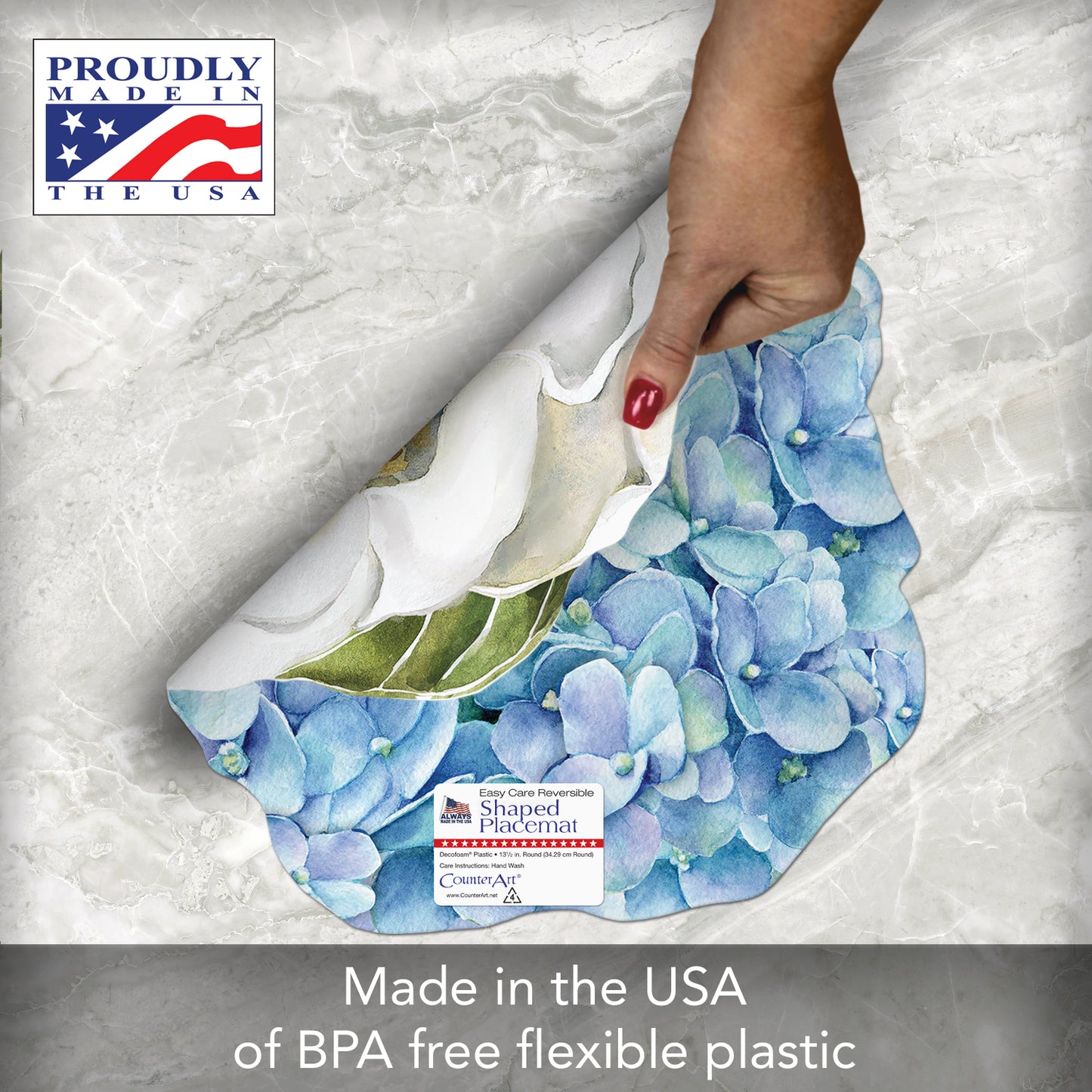 CounterArt 4 Pack Magnolia/Hydrangea Reversible Shaped Easy Care Placemats Made in the USA
