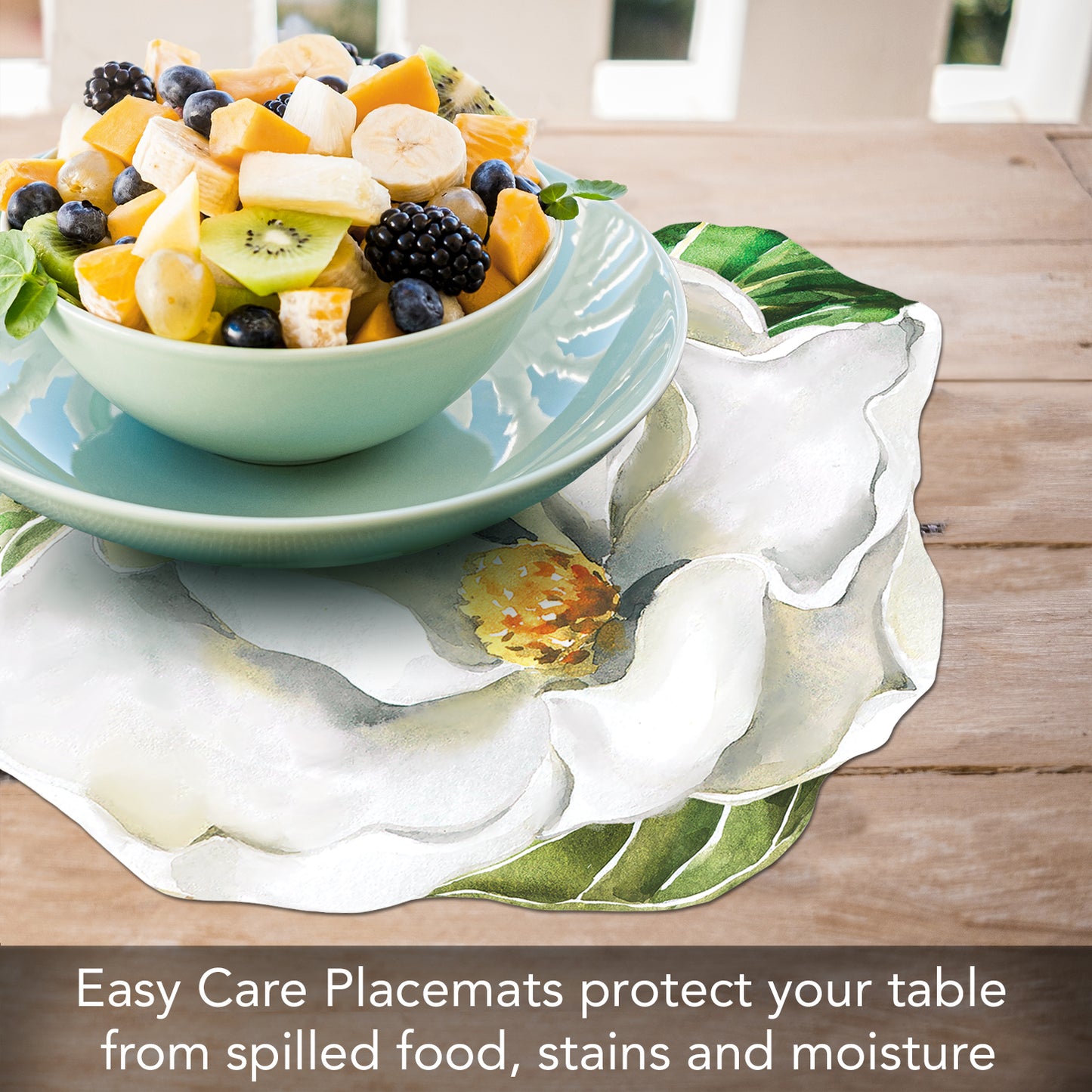 CounterArt 4 Pack Magnolia/Hydrangea Reversible Shaped Easy Care Placemats Made in the USA