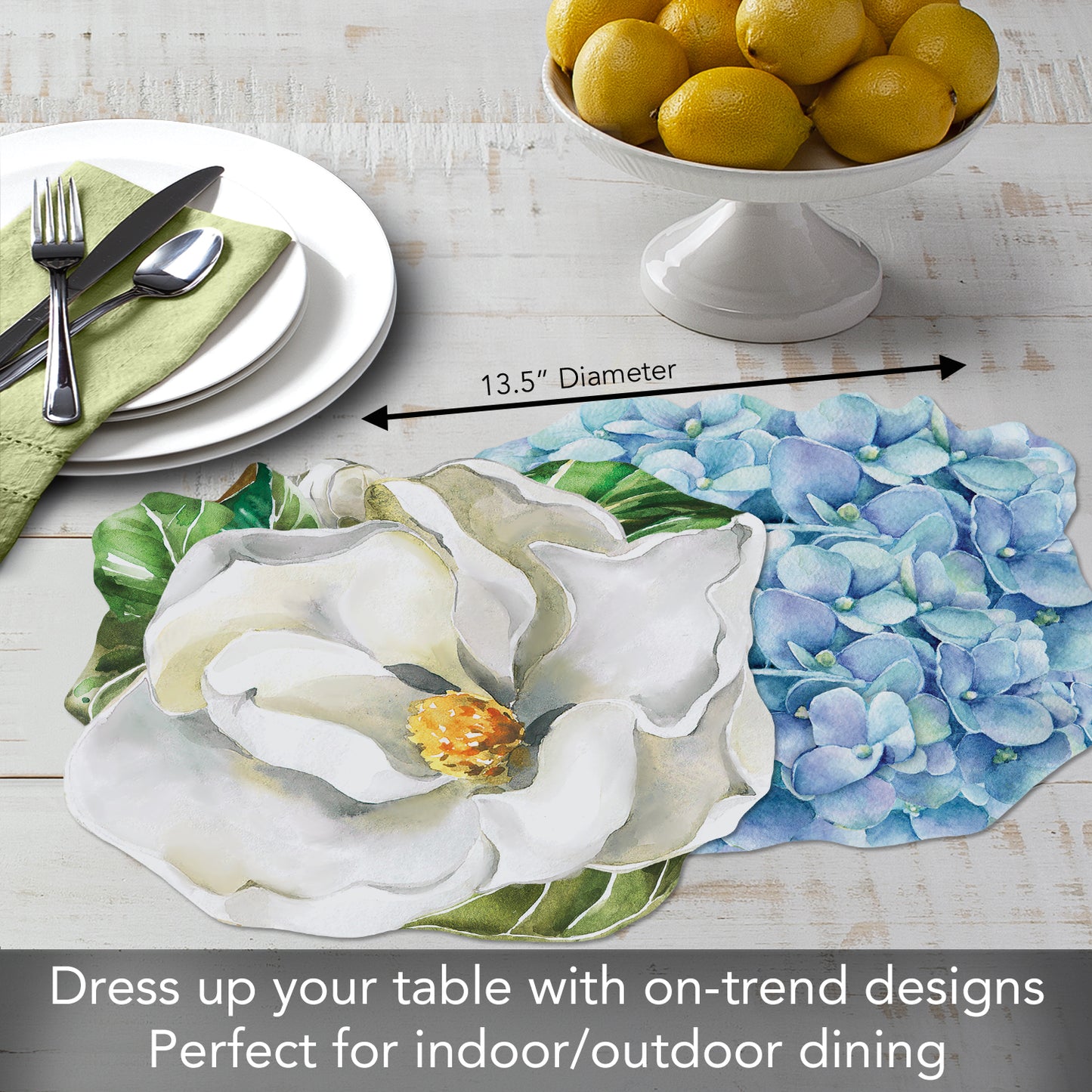 CounterArt 4 Pack Magnolia/Hydrangea Reversible Shaped Easy Care Placemats Made in the USA