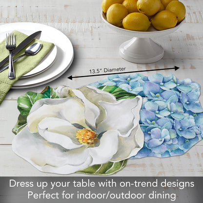 CounterArt 4 Pack Magnolia/Hydrangea Reversible Shaped Easy Care Placemats Made in the USA