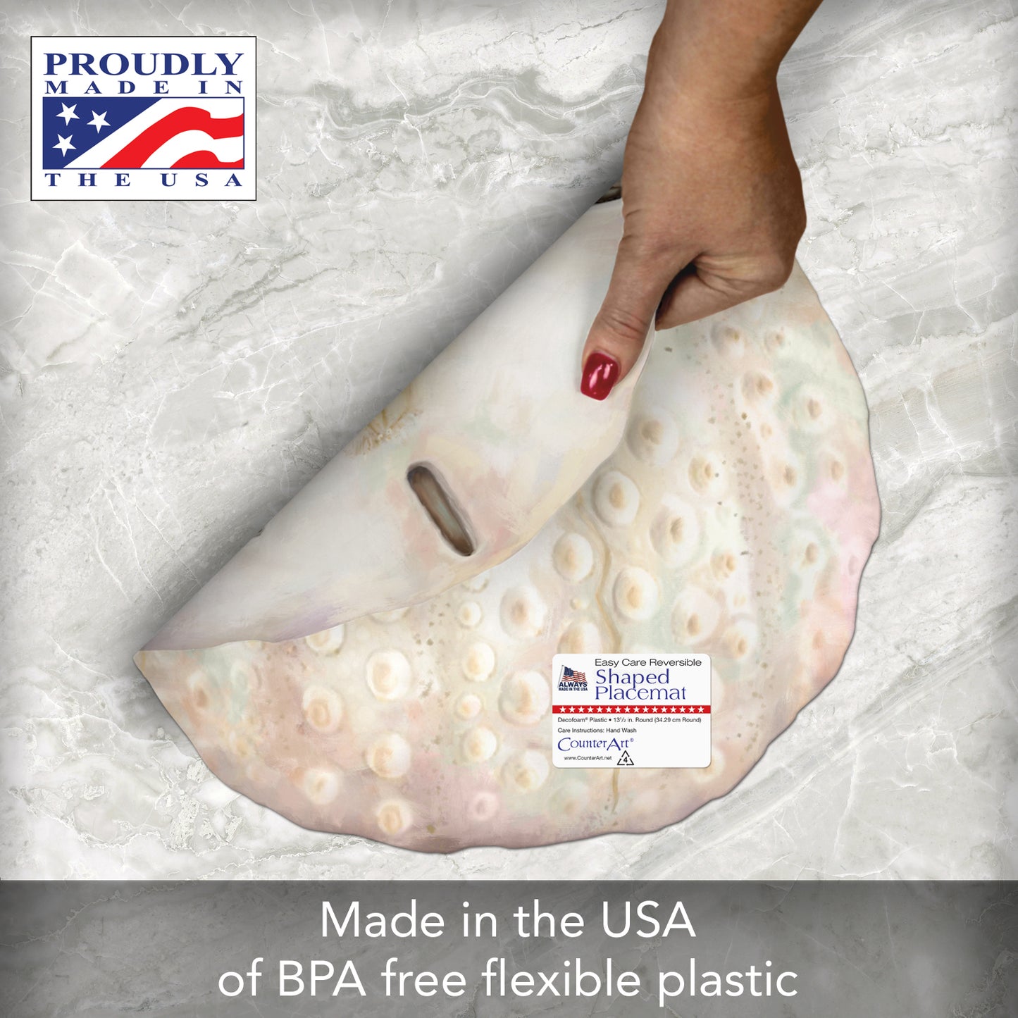 CounterArt 4 Pack Sand Dollar Shaped Reversible Easy Care Placemat Set Made in the USA