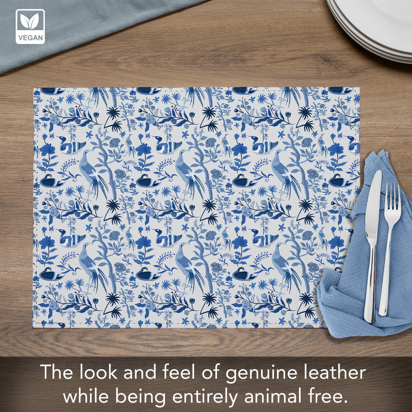 Chinoiserie Birds Luxurious Vegan Leather Placemat 4 Pack  Look and Feel of Genuine Leather Infused with Copper