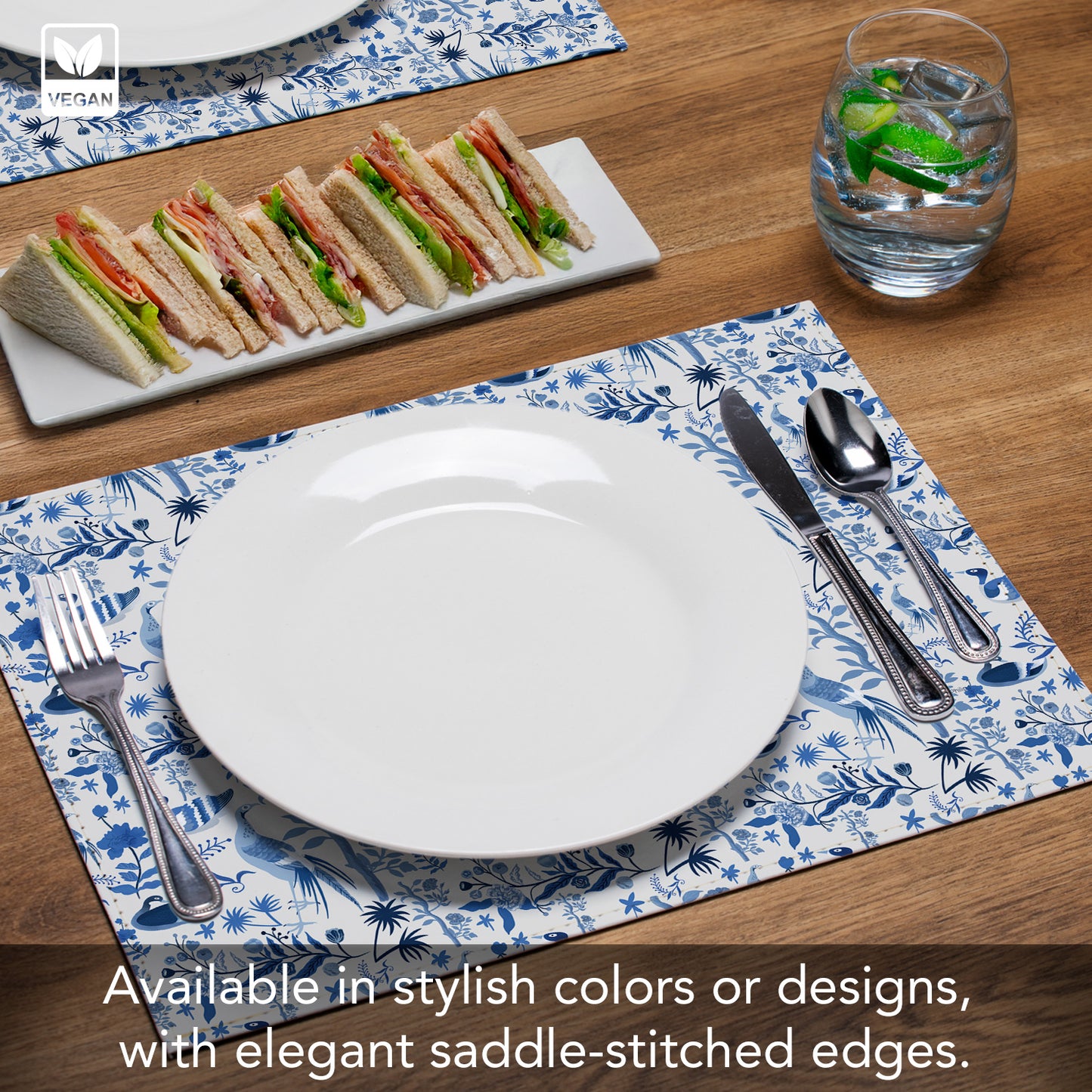 Chinoiserie Birds Luxurious Vegan Leather Placemat 4 Pack  Look and Feel of Genuine Leather Infused with Copper