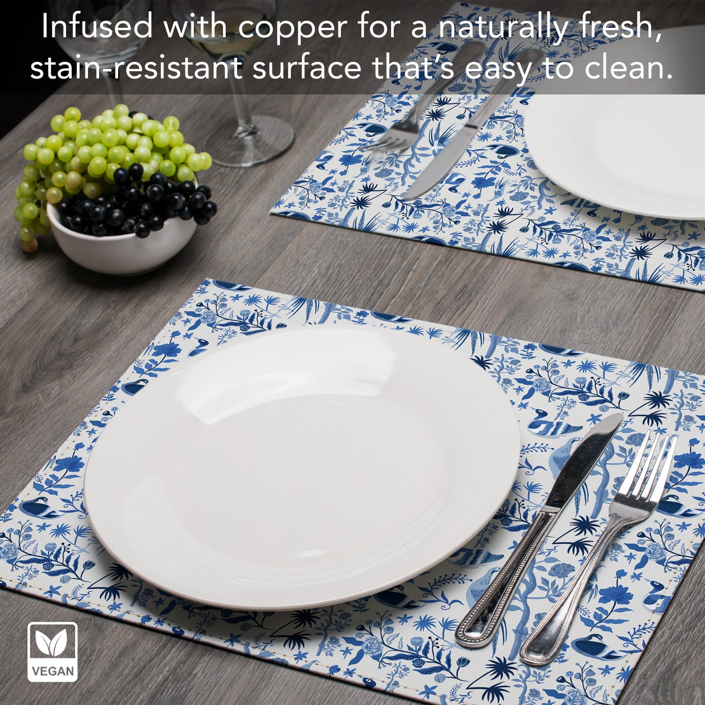 Chinoiserie Birds Luxurious Vegan Leather Placemat 4 Pack  Look and Feel of Genuine Leather Infused with Copper