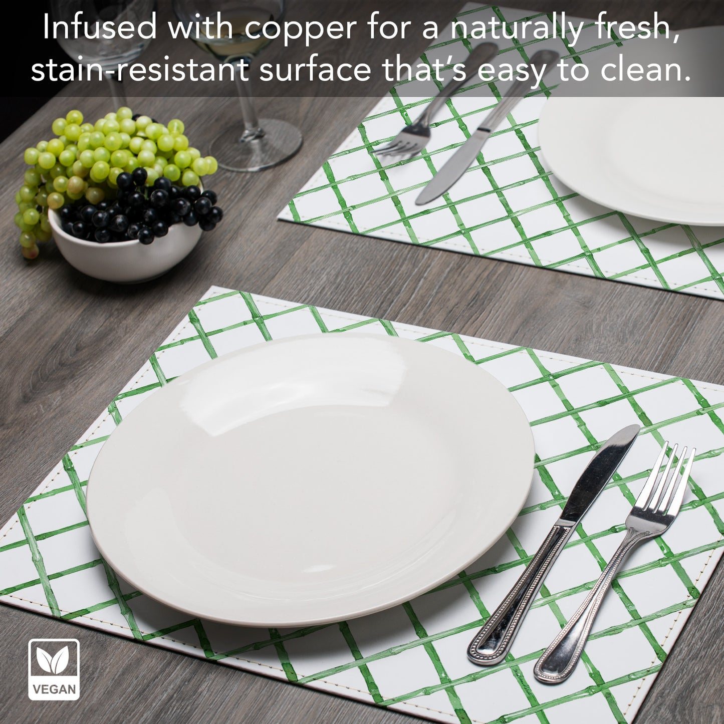 Trellis Luxurious Vegan Leather Placemat 4 Pack  Look and Feel of Genuine Leather Infused with Copper