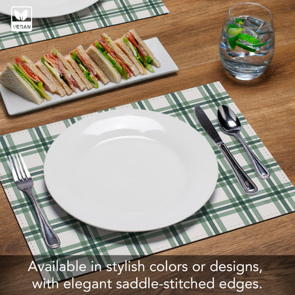 Green Plaid Luxurious Vegan Leather Placemats 4 Pack Look and Feel of Genuine Leather Infused with Copper