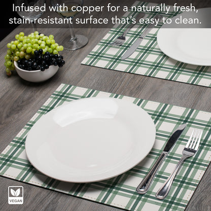 Green Plaid Luxurious Vegan Leather Placemats 4 Pack Look and Feel of Genuine Leather Infused with Copper