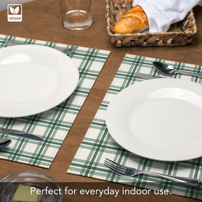 Green Plaid Luxurious Vegan Leather Placemats 4 Pack Look and Feel of Genuine Leather Infused with Copper