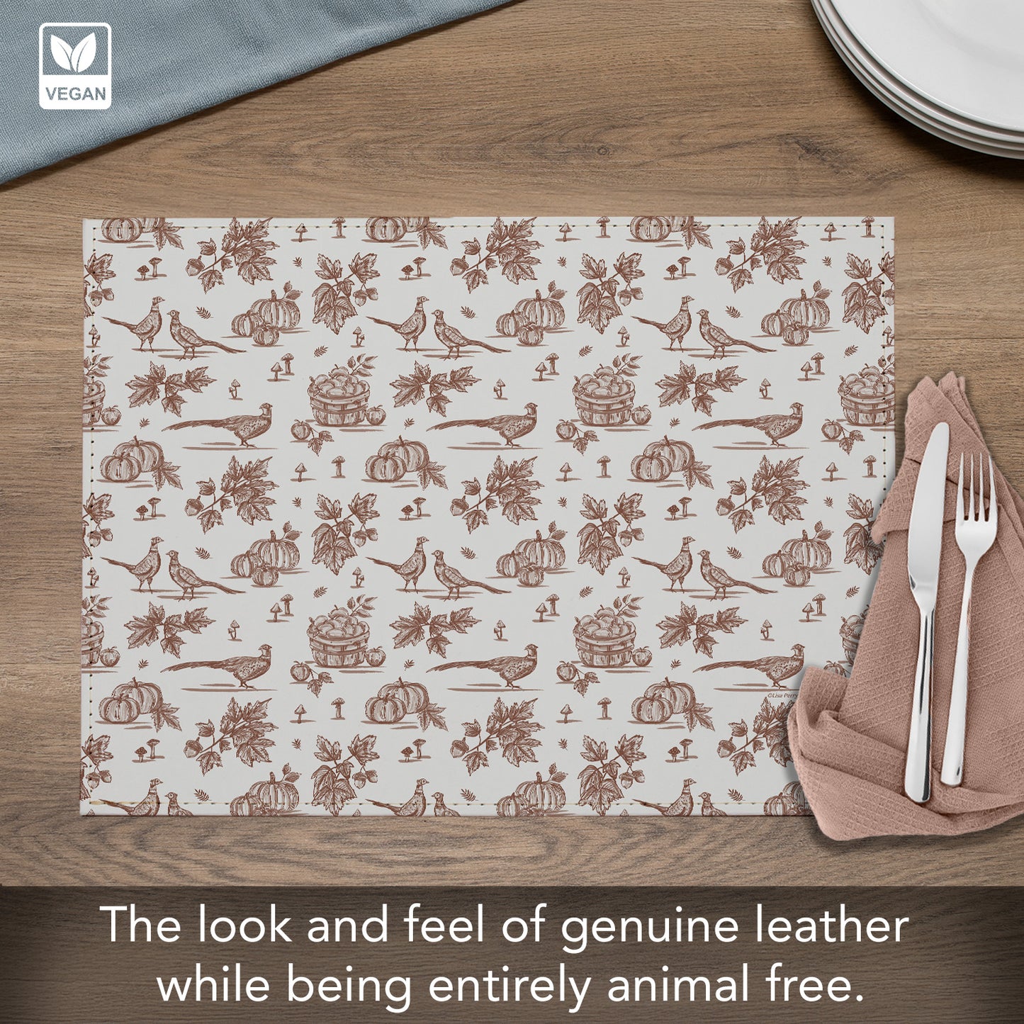 Autumn Birds Luxurious Vegan Leather Placemat 4 Pack  Look and Feel of Genuine Leather Infused with Copper