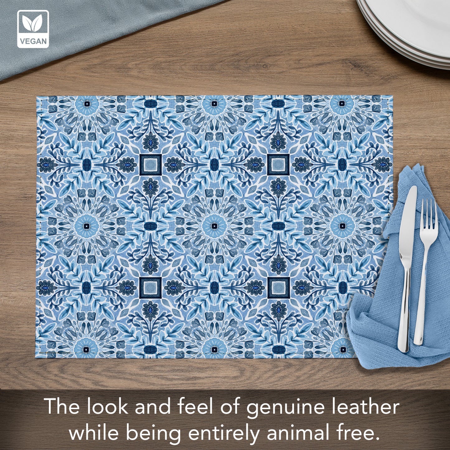 Geo Floral Luxurious Vegan Leather Placemat 4 Pack  Look and Feel of Genuine Leather Infused with Copper