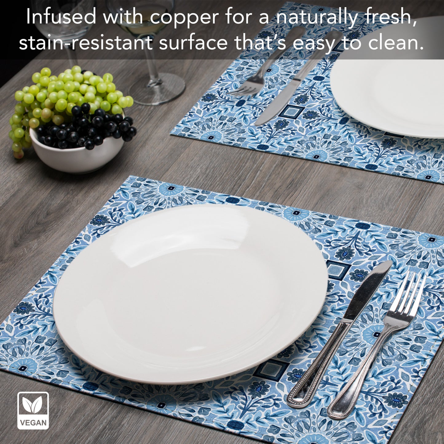 Geo Floral Luxurious Vegan Leather Placemat 4 Pack  Look and Feel of Genuine Leather Infused with Copper