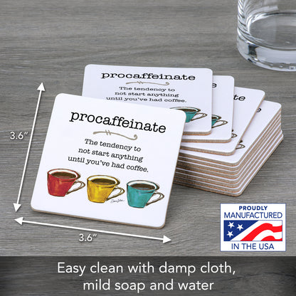 Thirstystone Pro-Caffeinate 12-Pack Cork Back Paper Bar Coasters Made in The USA Humourous Quotes Attractive Designs