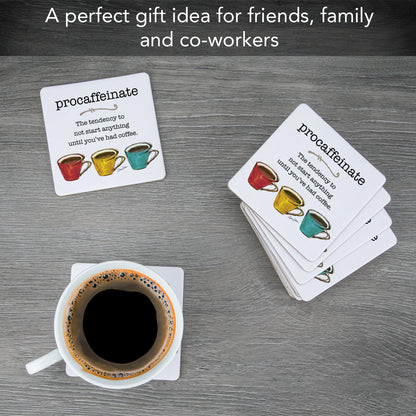Thirstystone Pro-Caffeinate 12-Pack Cork Back Paper Bar Coasters Made in The USA Humourous Quotes Attractive Designs