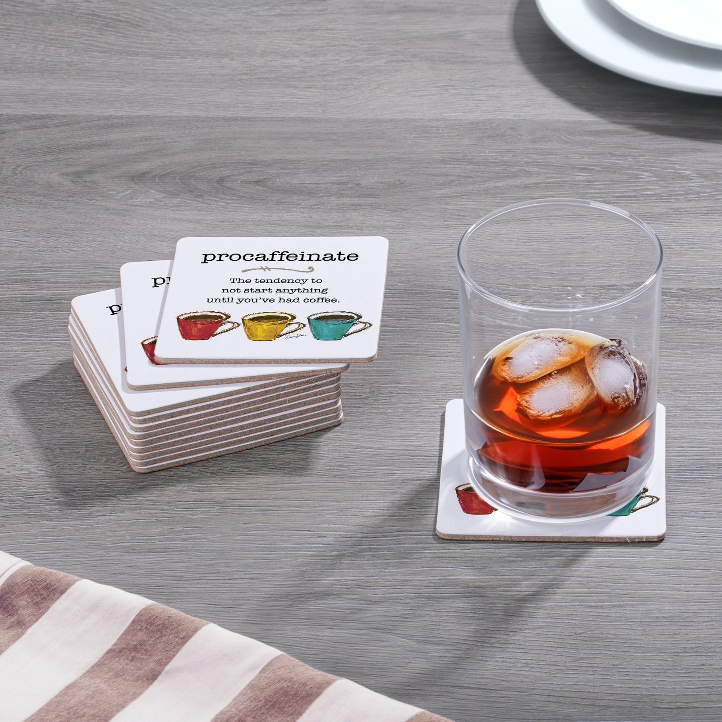 Thirstystone Pro-Caffeinate 12-Pack Cork Back Paper Bar Coasters Made in The USA Humourous Quotes Attractive Designs
