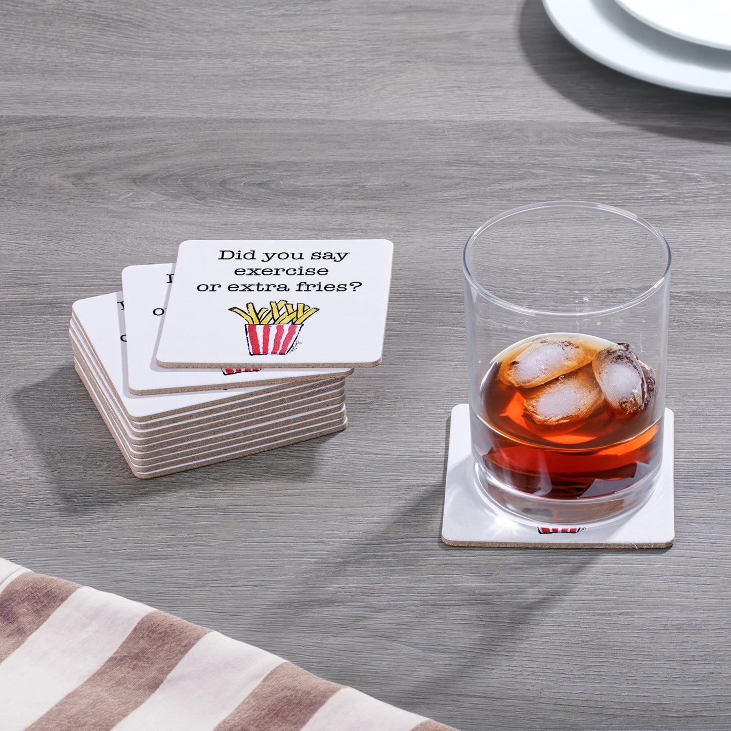 Thirstystone Extra Fries 12-Pack Cork Back Paper Bar Coasters Made in The USA Humourous Quotes Attractive Designs