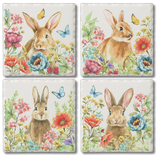 Thirstystone Garden Bunnies 4 Pack Assorted Tumbled Tile Stone Coasters 4" Square