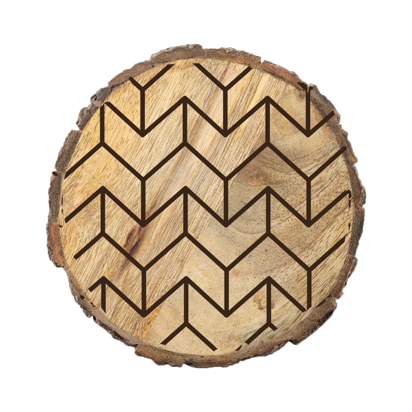 Chevron 4-Pack Mango Wood Coasters with Bark Edges 4.5" Round Manufactured in The USA