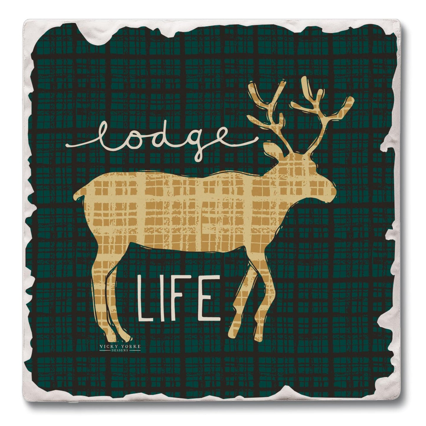 Thirstystone Lodge Life Single Absorbent Stone Coaster with Protective Cork Backing Manufactured in The USA 4" Square, Artistic, Easily Wipes Clean