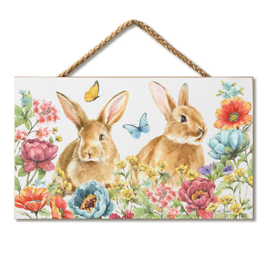 Highland Home Garden Bunnies Decorative Hanging Wood Sign 9.5” by 5.75” Made in the USA Features Braided Rope Hanger