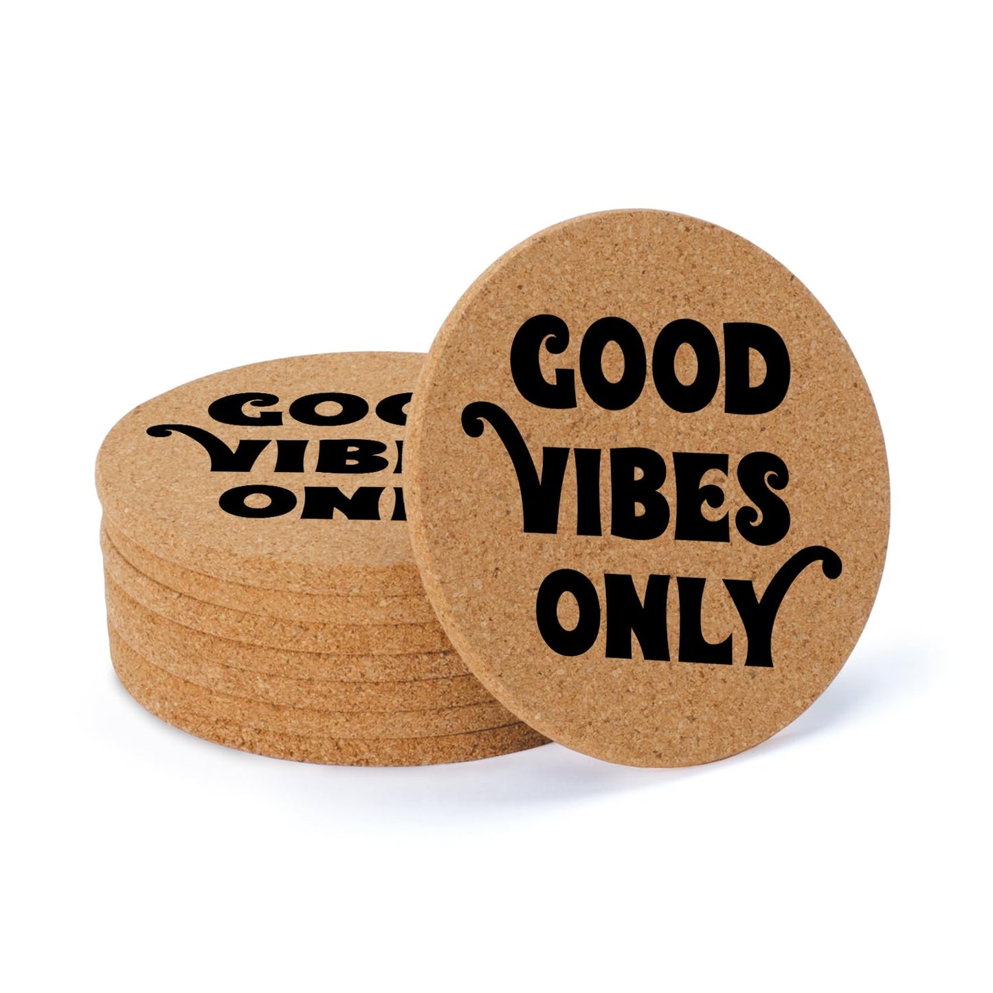 Thirstystone Good Vibes Only 8-Pack Thick Natural Cork Coasters Manufactured in The USA Eco-Friendly Absorbent Durable