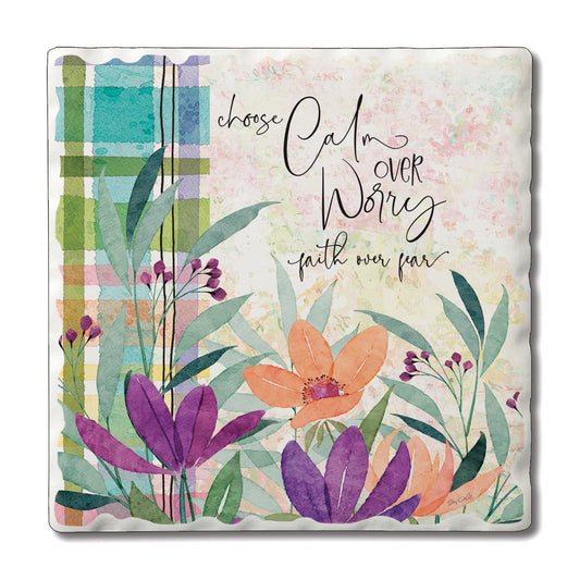 Thirstystone Calm Over Worry Single Tumbled Tile Stone Coaster with Protective Cork Backing Manufactured in The USA 4" Square