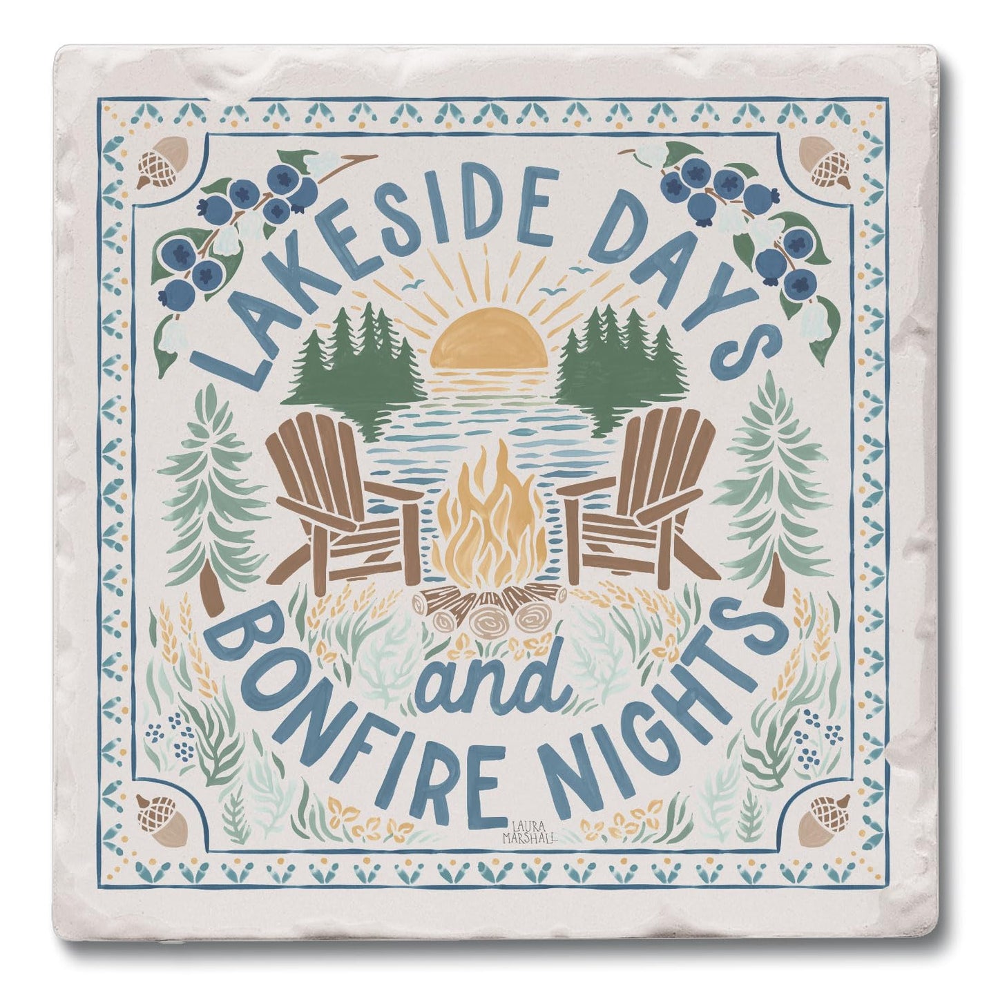 Thirstystone Lakeside Days Single Tumbled Tile Stone Coaster with Protective Cork Backing Manufactured in The USA 4" Square