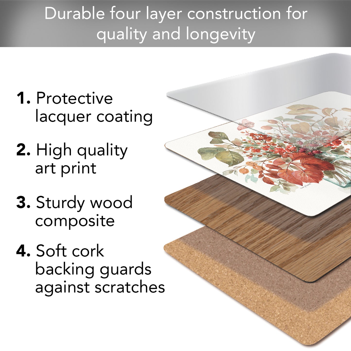 Cala Home Autumn in Nature Premium Decorative Hardboard Tabletop Placemats 4-Pack Manufactured in The USA Heat Tolerant and Easily Wipes Clean