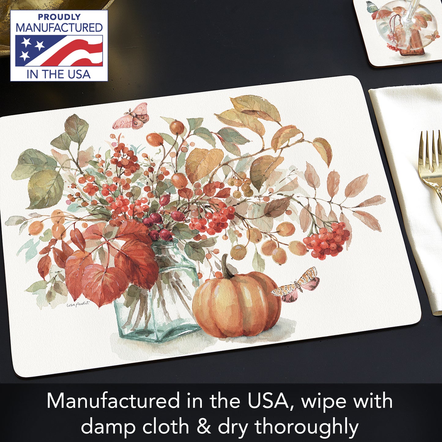 Cala Home Autumn in Nature Premium Decorative Hardboard Tabletop Placemats 4-Pack Manufactured in The USA Heat Tolerant and Easily Wipes Clean