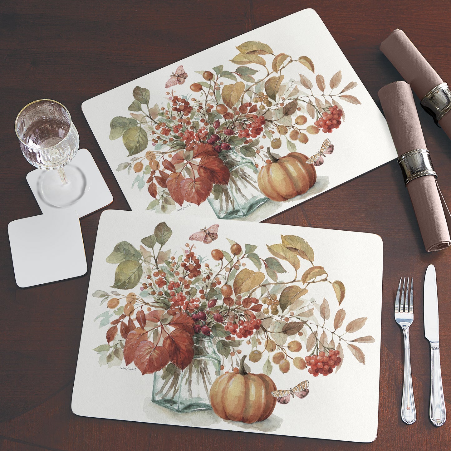 Cala Home Autumn in Nature Premium Decorative Hardboard Tabletop Placemats 4-Pack Manufactured in The USA Heat Tolerant and Easily Wipes Clean