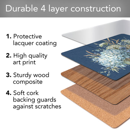Cala Home Bohemian Blue Premium Decorative Hardboard Tabletop Placemats 4-Pack Manufactured in The USA Heat Tolerant and Easily Wipes Clean