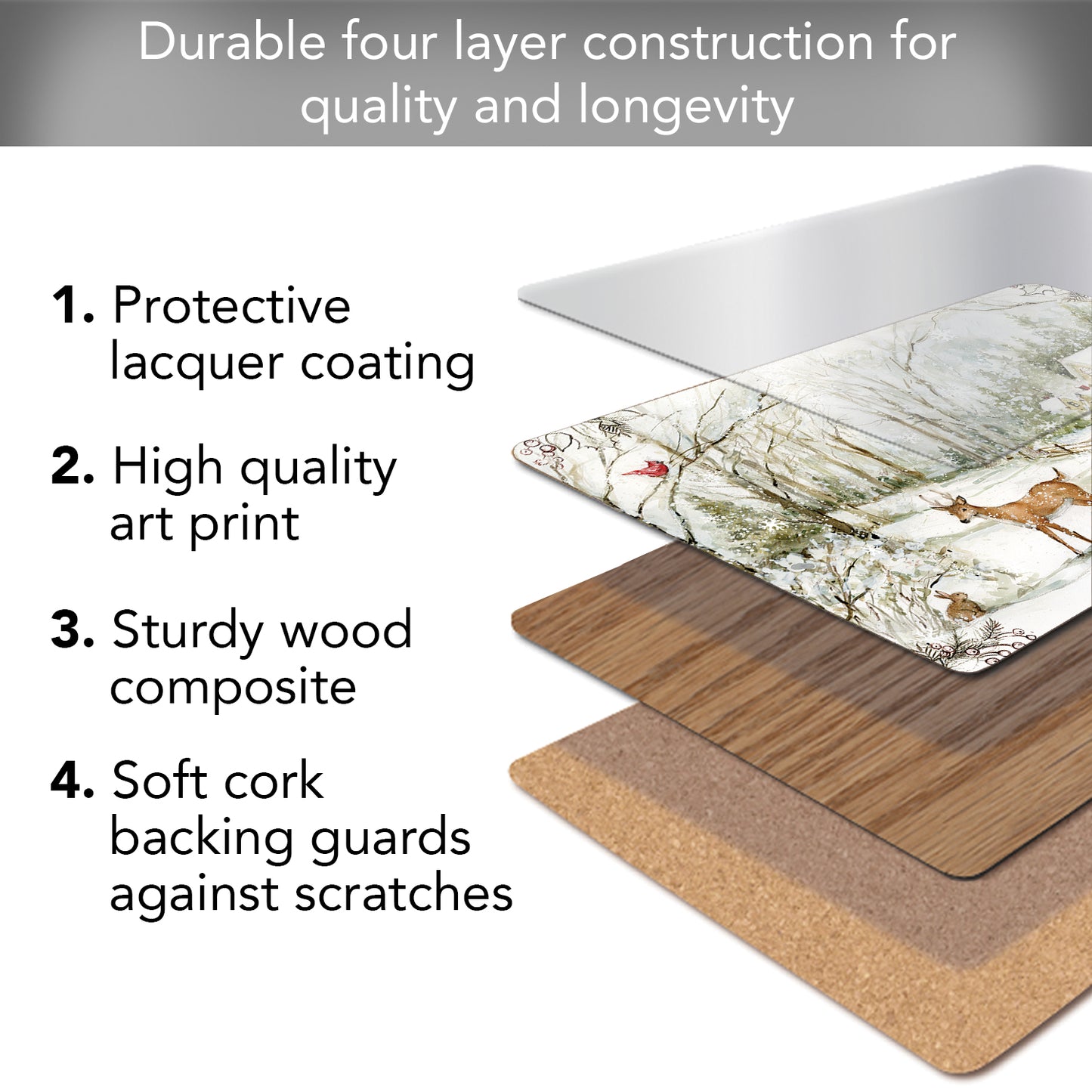 Cala Home Winter Forest Premium Decorative Hardboard Tabletop Placemats 4-Pack Manufactured in The USA Heat Tolerant and Easily Wipes Clean
